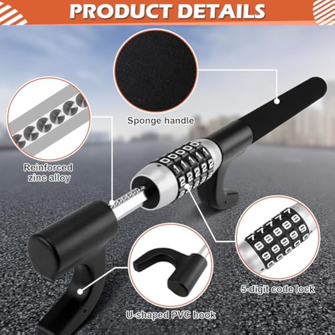 Tevlaphee Steering Wheel Lock, 5-Digit Keyless Combination Anti-Theft Device, Heavy Duty Universal Fit for Cars/SUVs/Vans/Trucks, Adjustable Extendable Design, High Security (Black)