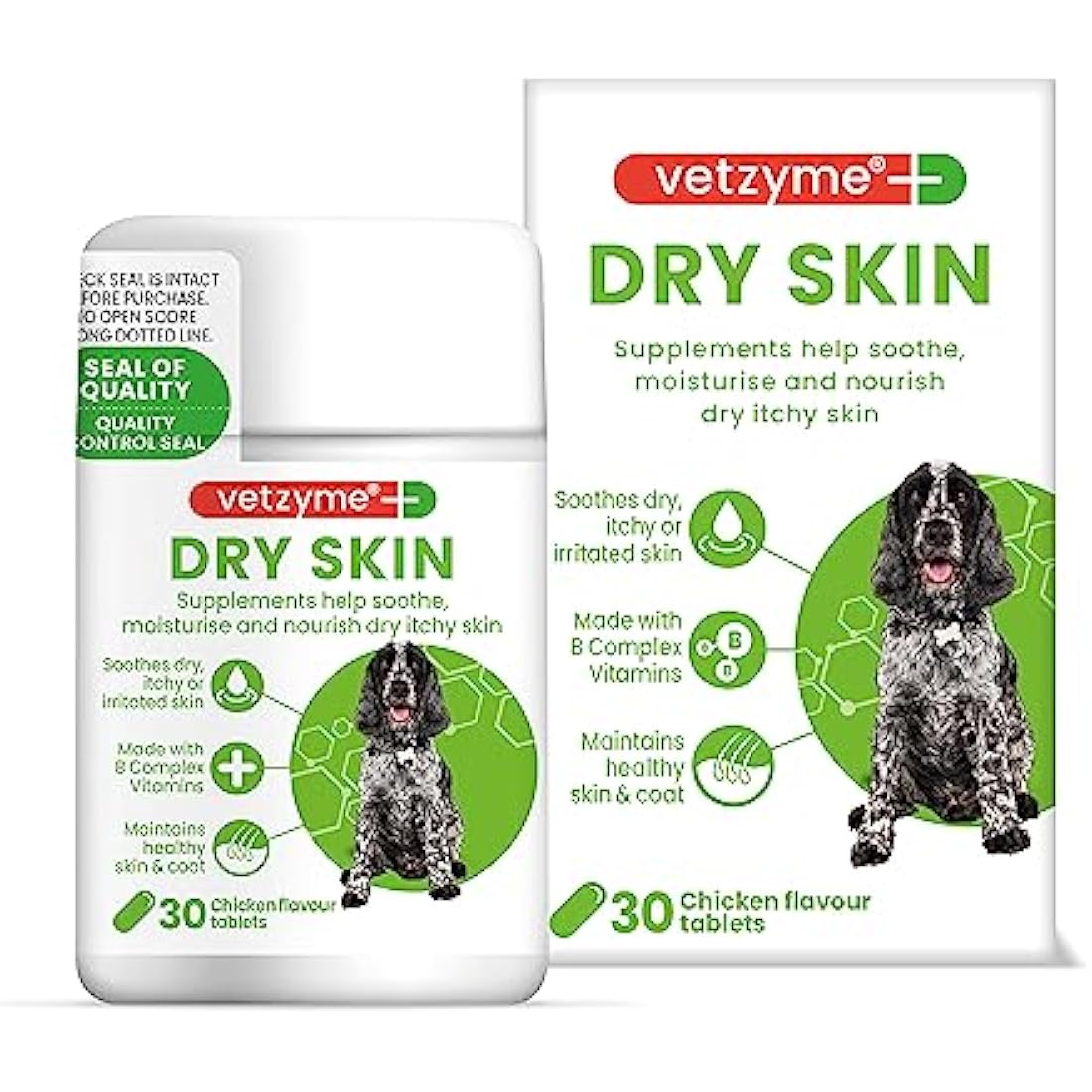 Vetzyme Dry Skin Tablets for Dogs (30 Tablets) - Dry and Itchy Skin Relief, Promotes Healthy and Smooth Skin, Tasty Chicken Flavour