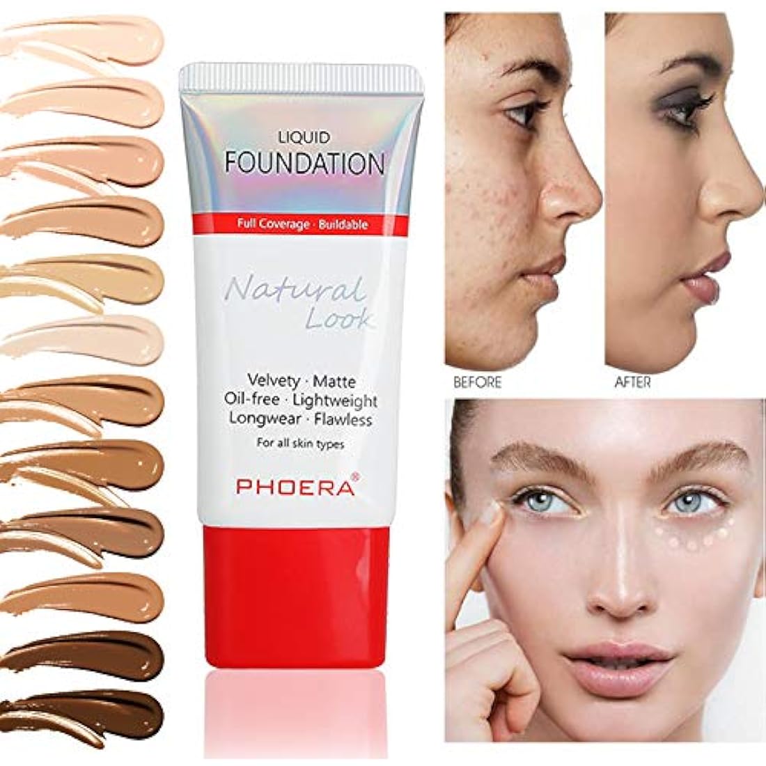 AQUAPURITY PHOERA Full Coverage Foundation New Formula Waterproof Long Lasting Oil Free Velvet Matte Liquid Foundation for Oily Skin Flawless Makeup Base Cream Concealer (101 Porcelain…)