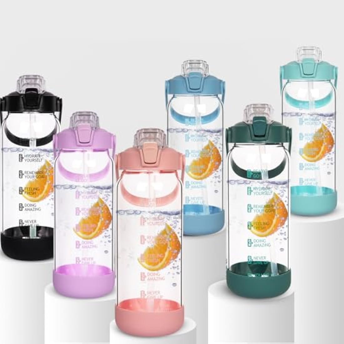 Seekua 2l Glass Water Bottle with Straw & Motivational Time Markings 2 litre Large Leakproof Gym Drinking Bottle