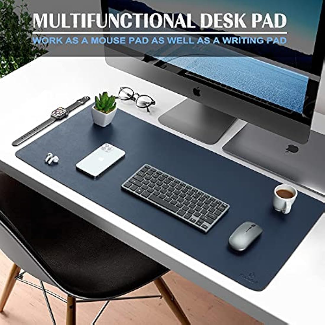 K KNODEL Large Office Leather Desk Mat, Mouse and Keyboard Pad, Computer and Laptop Mat, Desktop Protector and Cover, Writing Pad and Blotter (90x43cm, Dark Blue)
