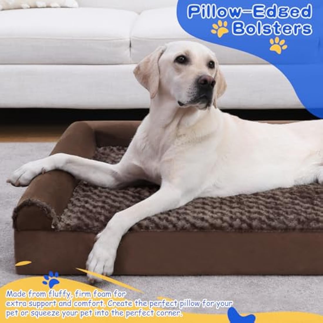 KSIIA Extra Large Dog Bed, XL Orthopedic Dog Sofa Beds with Removable Washable Cover, Waterproof Dog Bed, Pet Sofa Bed with U-Shape Bolster, Brown 111x81x18cm