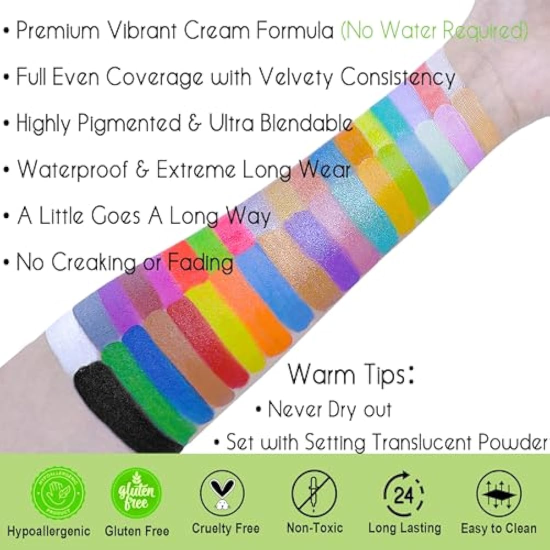 CCbeauty Professional Face Paint Kit with Brushes 36 Colors(22 Regular,8 Metallic and 6 Glow Color) Halloween Neon Body Paint Oil Based SFX Cosplay Large Black White Face Painting Palette