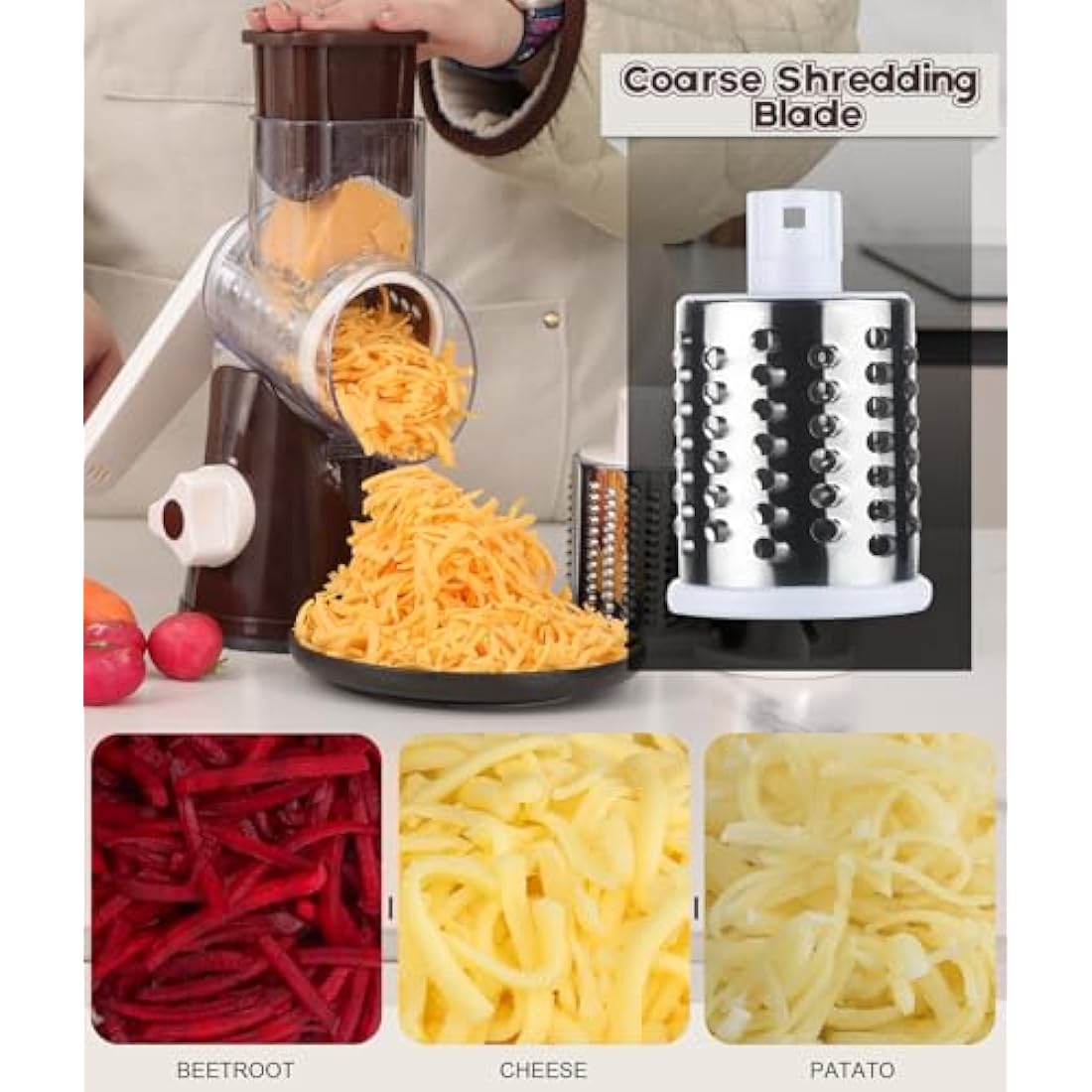 Ourokhome Rotary Cheese Grater Round Mandolin Slicer, Handheld Hashbrown Shredder with 3 Drum Blades, Kitchen Manual Speed Walnut Grinder for Potato, Carrot, Vegetables, Nuts, Zucchini (Coffee)