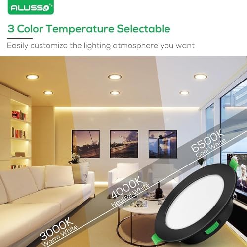 ALUSSO Ultra Slim 10W Dimmable LED Downlights, 700LM Recessed Ceiling Lights, 3000K-6500K Adjustable, 30MM Height, IP44 Rated for Bathroom, 12 Pack