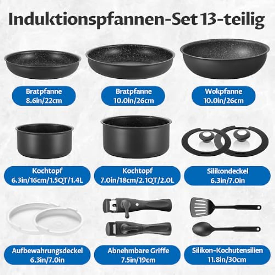 BEZIA Induction Hob Pans Set 13 Pieces, Non Stick Pots and Pans Set with Detachable Handles, Nonstick Kitchen Cookware Sets with Removable Handle, Stackable RV Frying Pans for Campers, Oven Safe