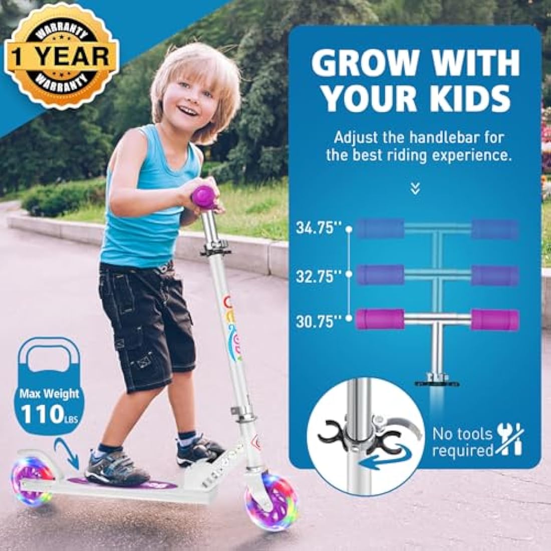 BELEEV V1 Scooter for Kids, 2 Wheels Folding Kick Scooter for Children Girl and Boys, 3 Adjustable Height, Flashing Light up Wheels, Lightweight Scooter with Sturdy Frame, Kickstand, Age 3-12