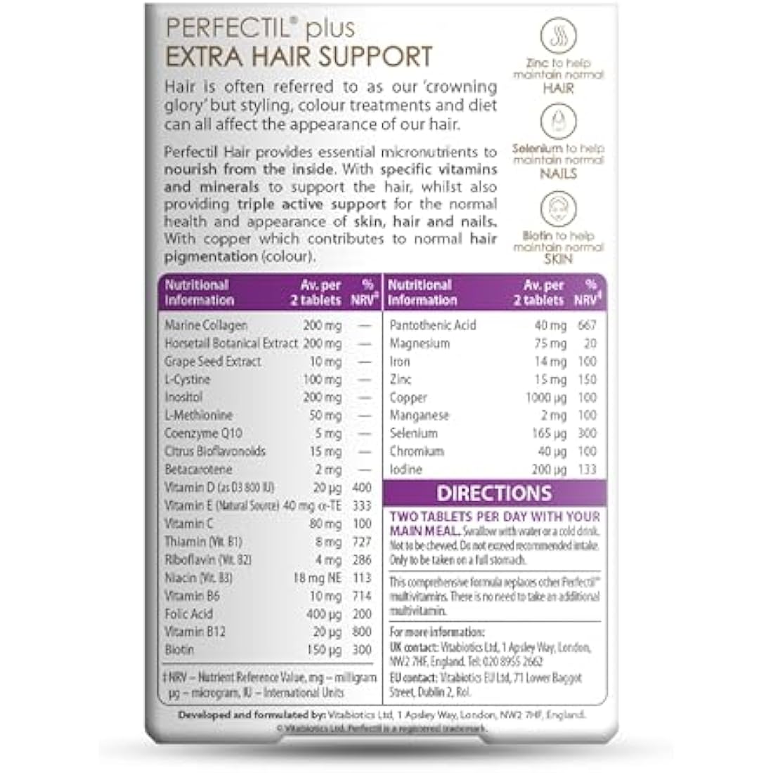 Perfectil Hair Beauty Supplement for Hair - Includes Biotin, CoQ10 & Collagen, 60 Tablets 30-Day Supply, by Vitabiotics