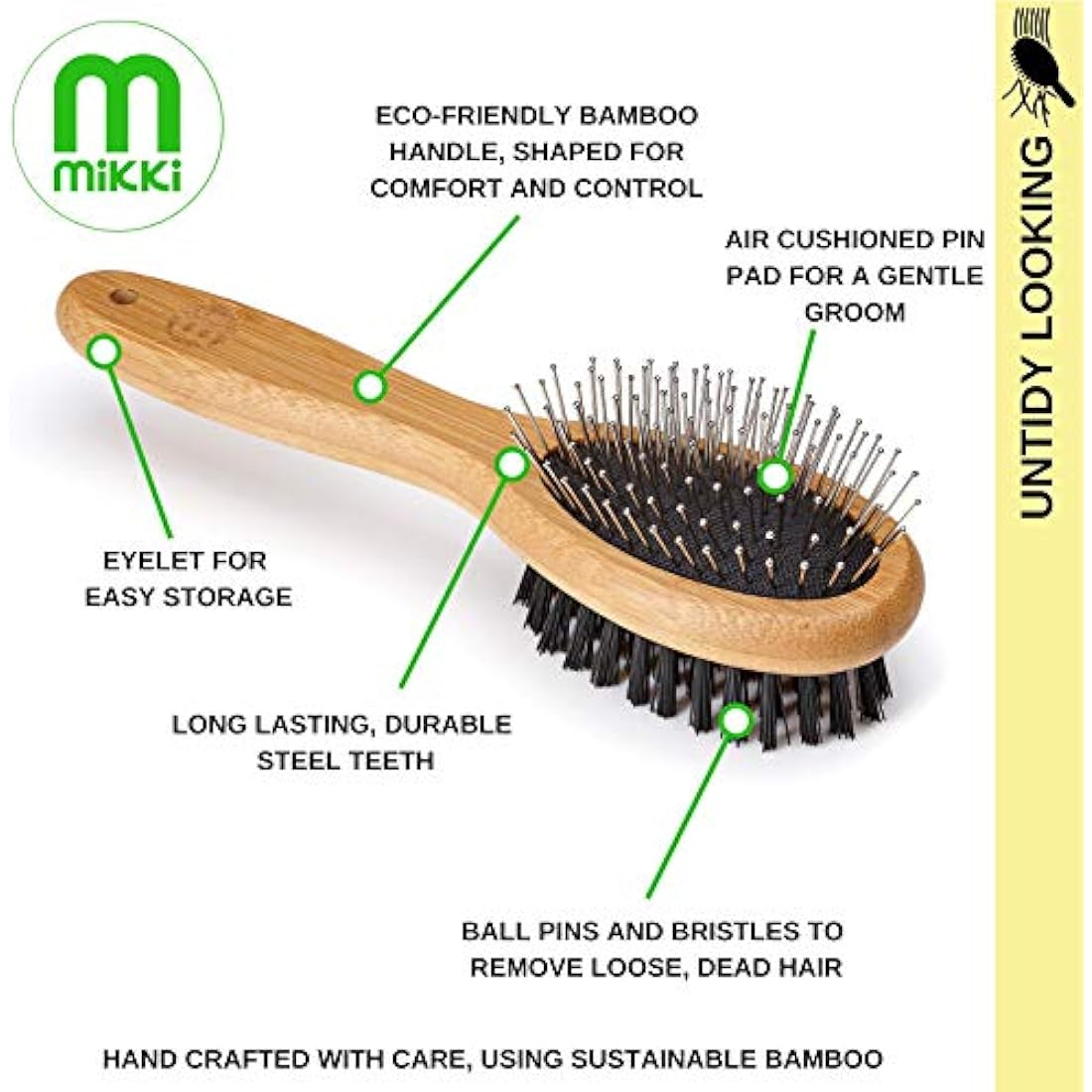 Mikki Bamboo Combi Brush, for Grooming Dog, Cat, Puppy with Smooth Short and Medium Hair Coats, Handmade from Natural Sustainable Bamboo, Small,Brown