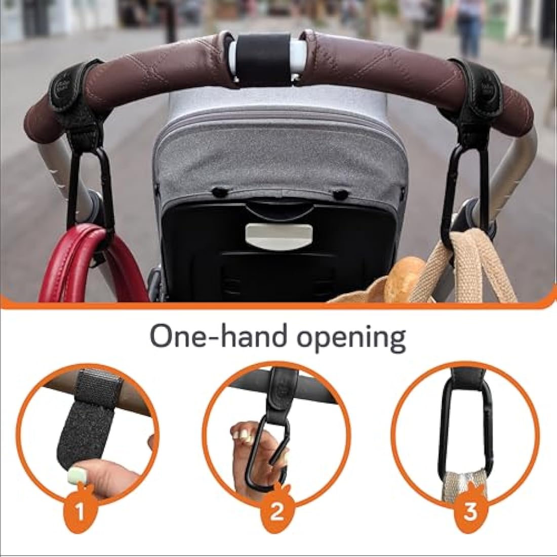 Baby Uma Leather-Style Buggy Clips (2 Pack) - Universal Pram Clips, Non-Slip Buggy Accessories, Carry 5 kg per Carabiner, Baby Travel Essentials (Black)