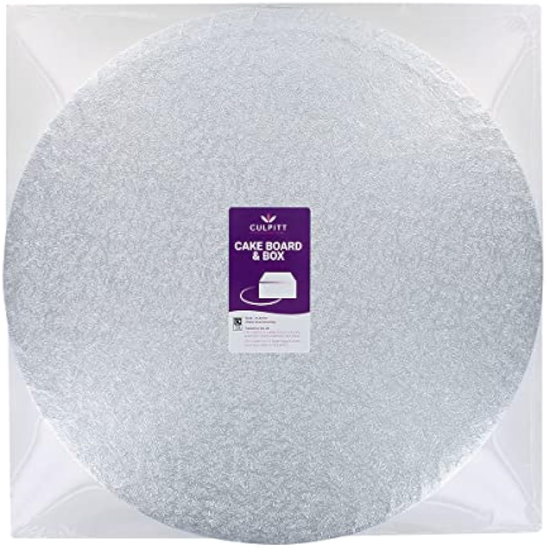 Culpitt 14" Round Silver Cake Drum Board & Tall White Box Combo, 14 x 14 x 12 Inch Square Box and Matching Circle Set for Tiered or Decorated Transport