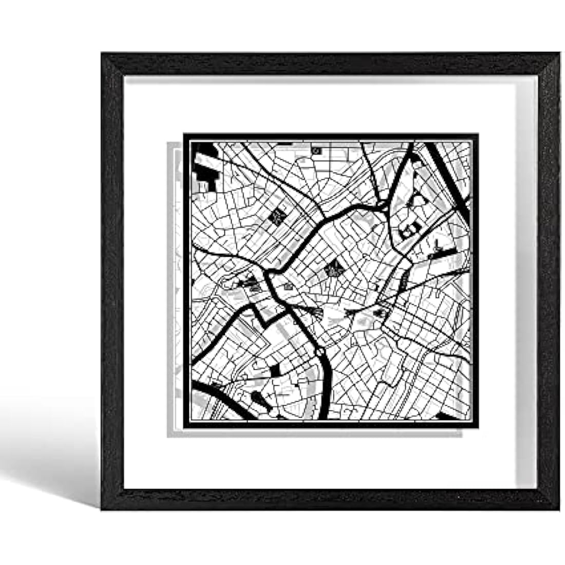 O3 DESIGN STUDIO Birmingham Paper Cut Map framed, Black map, Black frame, 23x23 cm, Gift Boxed, 2 background color, self-changing, Paper Art