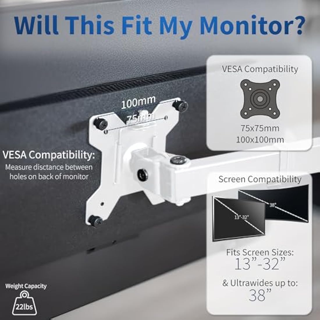 VIVO Single Monitor Arm Desk Mount, Holds Screens up to 32 inch Regular and 38 inch Ultrawide, Fully Adjustable Stand with C-Clamp and Grommet Base, VESA 75x75mm or 100x100mm, White, STAND-V001W