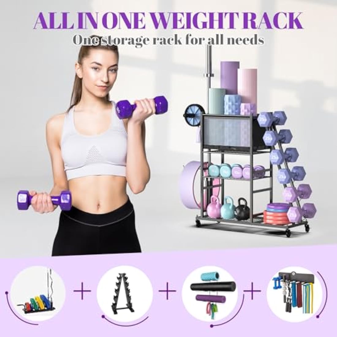 Mythinglogic Dumbbell Rack Stand, Multifunctional Weight Rack for Dumbbells, Yoga Mat, Fascia Roller, Kettlebell and Yoga Block, Powder-Coated Steel Dumbbell Stand with Wheels and Hooks