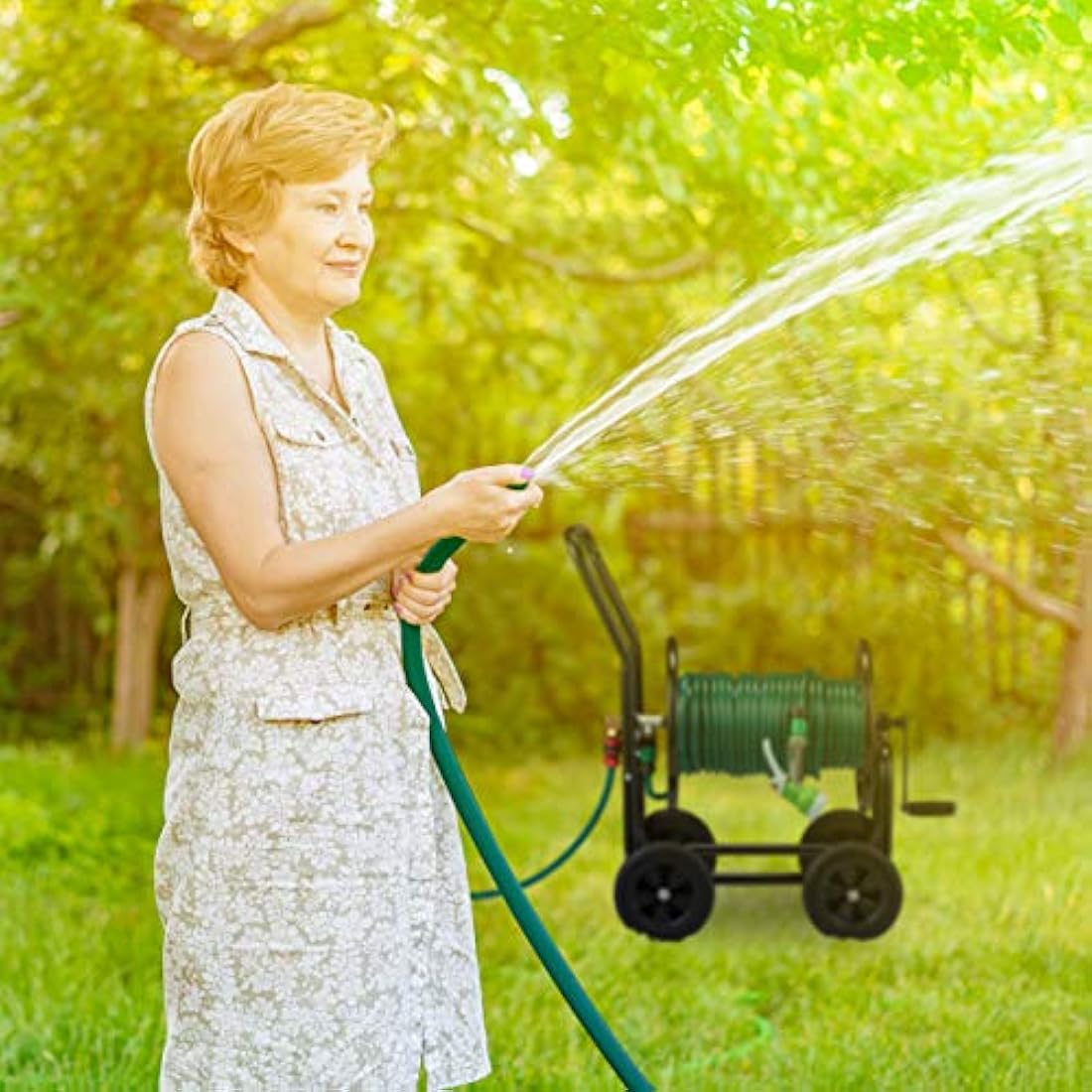 Relaxdays Hose Cart Metal, 4 Rubber Wheels, XL Garden Hosepipe Trolley, Crank, Holds 60 m, HWD 81 x 48 x 80 cm, Black, Steel