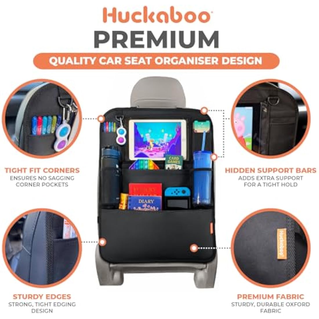Huckaboo Car Seat Organiser - Kids Back Seat Organiser, Storage Pockets, Screen Holder, Black, 2 Pack