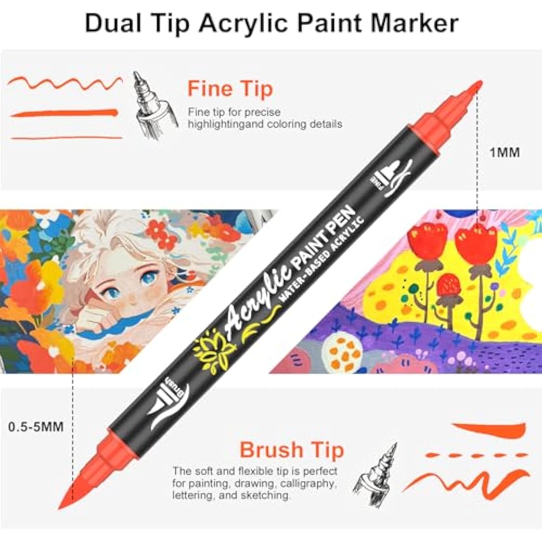 NICETY Acrylic Paint Pens Paint Markers - 60 Colours Dual tip Brush Paint Markers for Rock Painting Stone Wood Glass Ceramic - Fine & Brush Tip Water Based Acrylic Markers pens