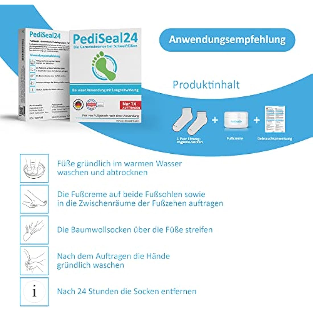 PediSeal24 Foot Cream Deodorant - 1 x 10 ml jar with long-term effect against foot odor, includes disposable hygiene socks
