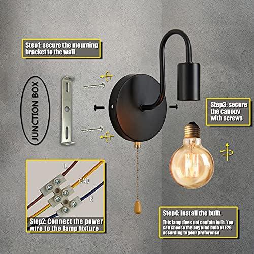 Lightess 2Pcs Wall Light with Switch Pull Cord Wall Lights E27 Socket, Retro Metal Iron Wall Sconces Industrial Wall Lamp for Bedroom Living Room Hallway (No Bulb, Black)