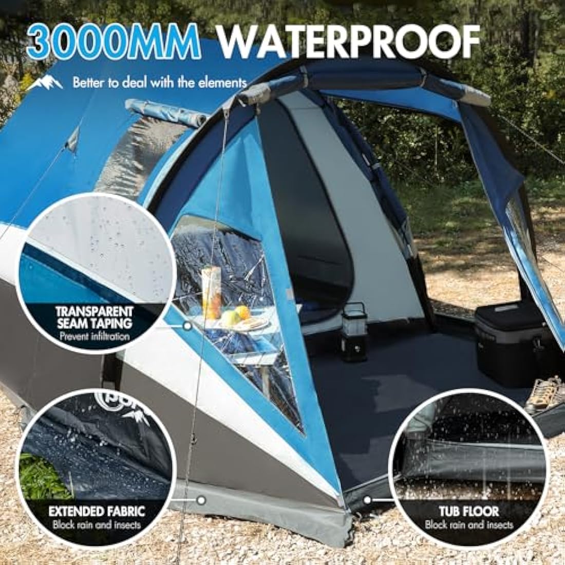Portal 3-4 Man Tent with Porch 3000mm Waterproof 180cm Tall Standing Height Three-Four Persons Family Camping Tent with Living Area Sewn-in Groundsheet Tub Floor for Festival Bicycle Motorbike