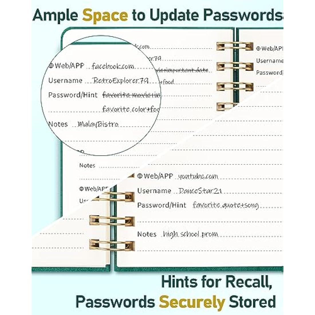 WEMATE Spiral Password Book with Alphabetical Tabs, Small Password Keeper Book for Seniors, Internet Password Notebook Hardcover Password Journal logbook – 12 x 15cm (Teal)