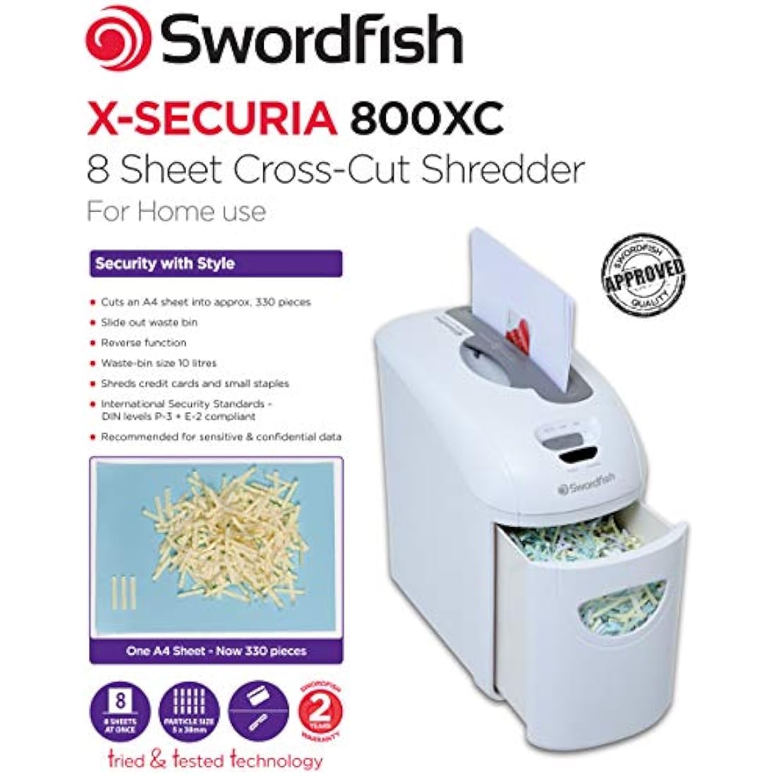 Swordfish 40300 X-Securia 800XC 8 Sheet Cross Cut Paper/Document Shredder, White