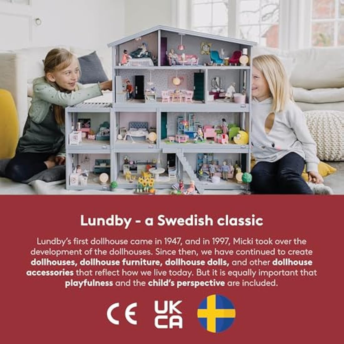 Lundby Dolls House – Expandable Doll House for Boys and Girls – Kids 2 Storey Dollhouse with 4 Rooms, Windows and Colorful Openable Doors