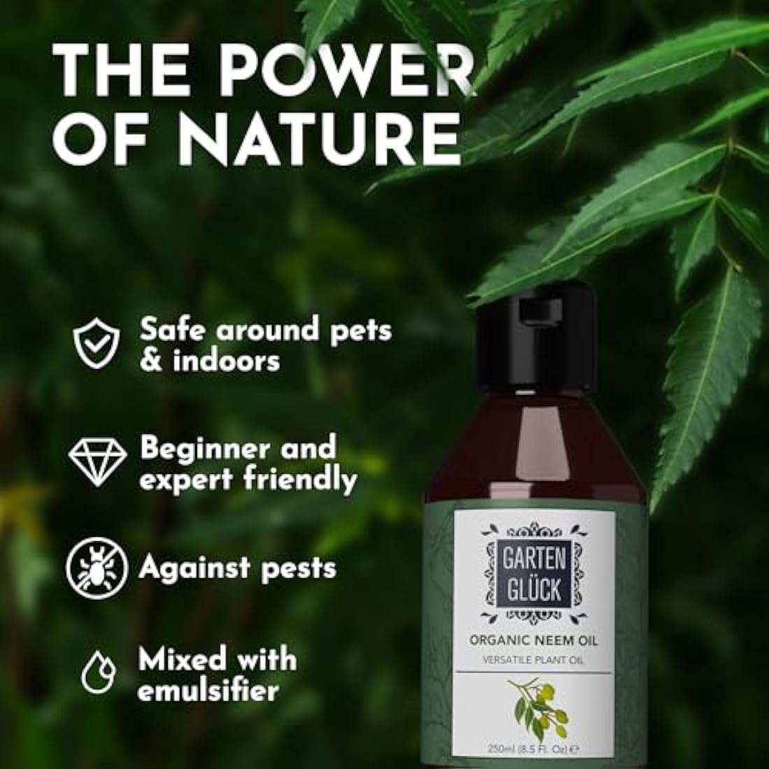 Garten Glück Neem Oil Liquid for Plants - 250ml - Organic Neem Oil for Indoor Plants & Garden Care - Natural Bug Control & Plant Shine - Spray on Healthy Leaves & Soil Maintenance - Made in Germany
