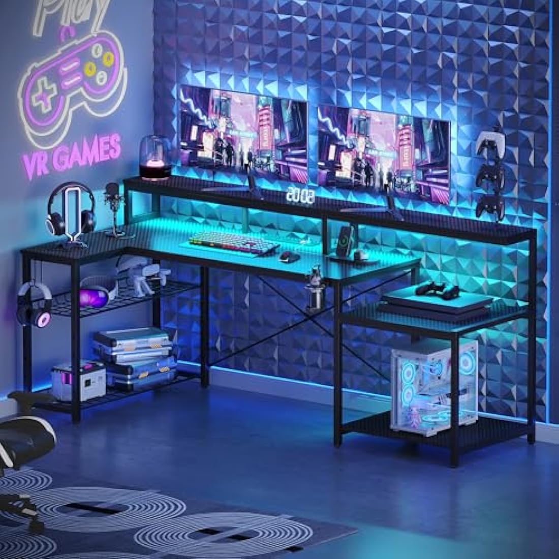 Bestier 181CM L-Shaped Gaming Desk with RGB LED Lights, Power Outlets, USB Ports, Carbon Fibre Surface, Monitor Stand, Storage Shelf, Cup Holder & Headset Hook
