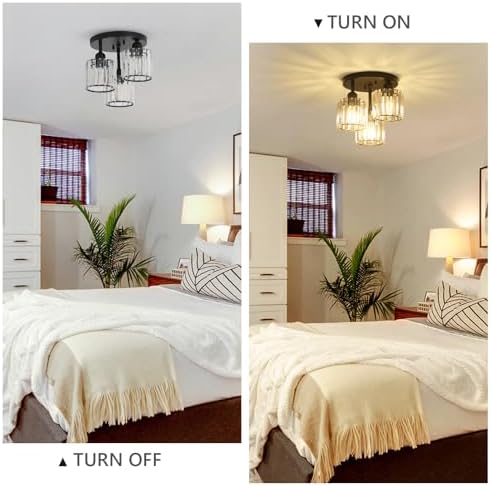 Rayofly Modern Crystal Chandeliers, 3-Light Crystal Lights for Living Room, Black Semi Flush Ceiling Light Fittings for Hallway, Bathroom, Bedroom, Foyer, Kitchen
