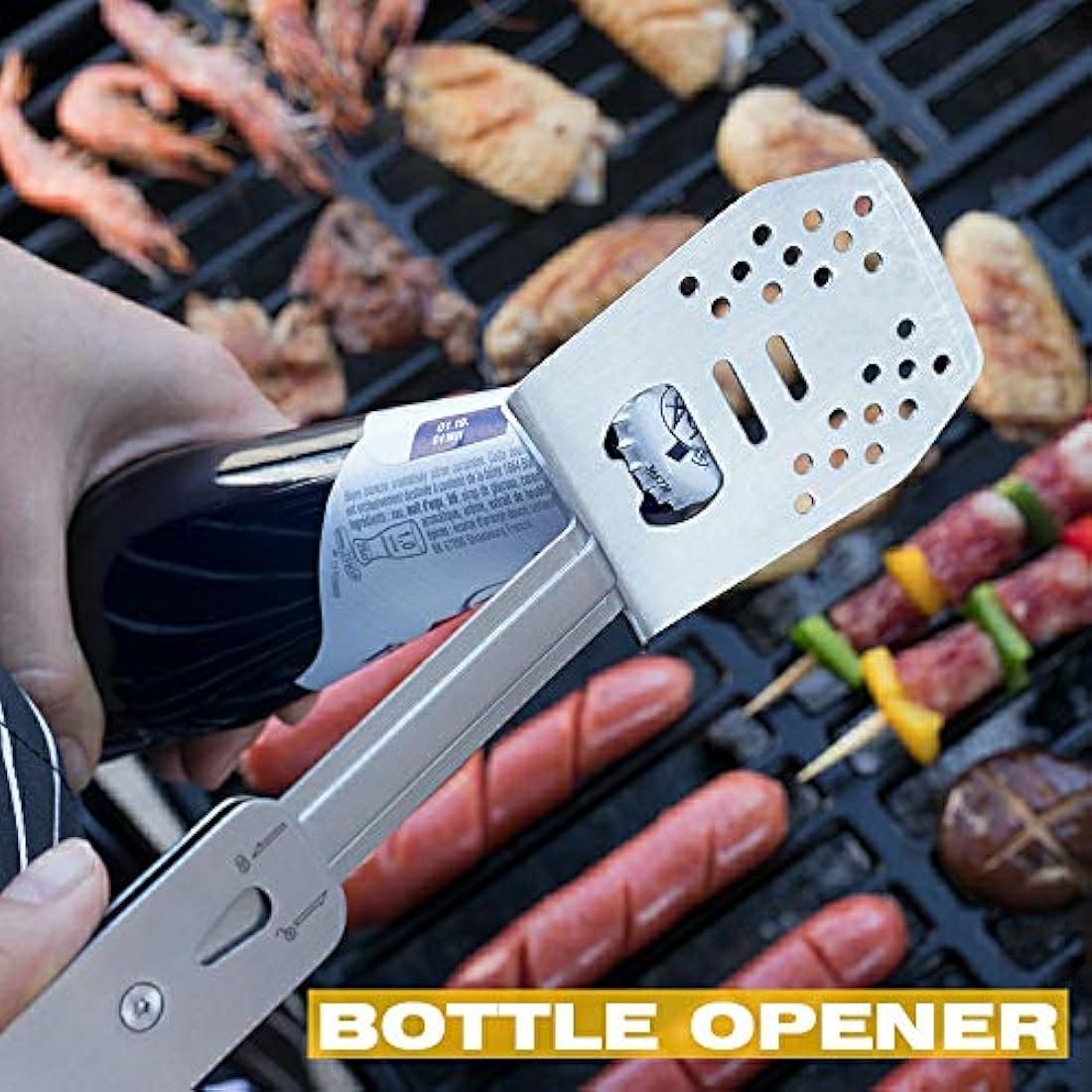 ROXON 4 in 1 Compact Mini BBQ Barbecue Combo Tool Set with Spatula, Fork, Tongs and Bottle Opener for Hiking Camping (Grey)