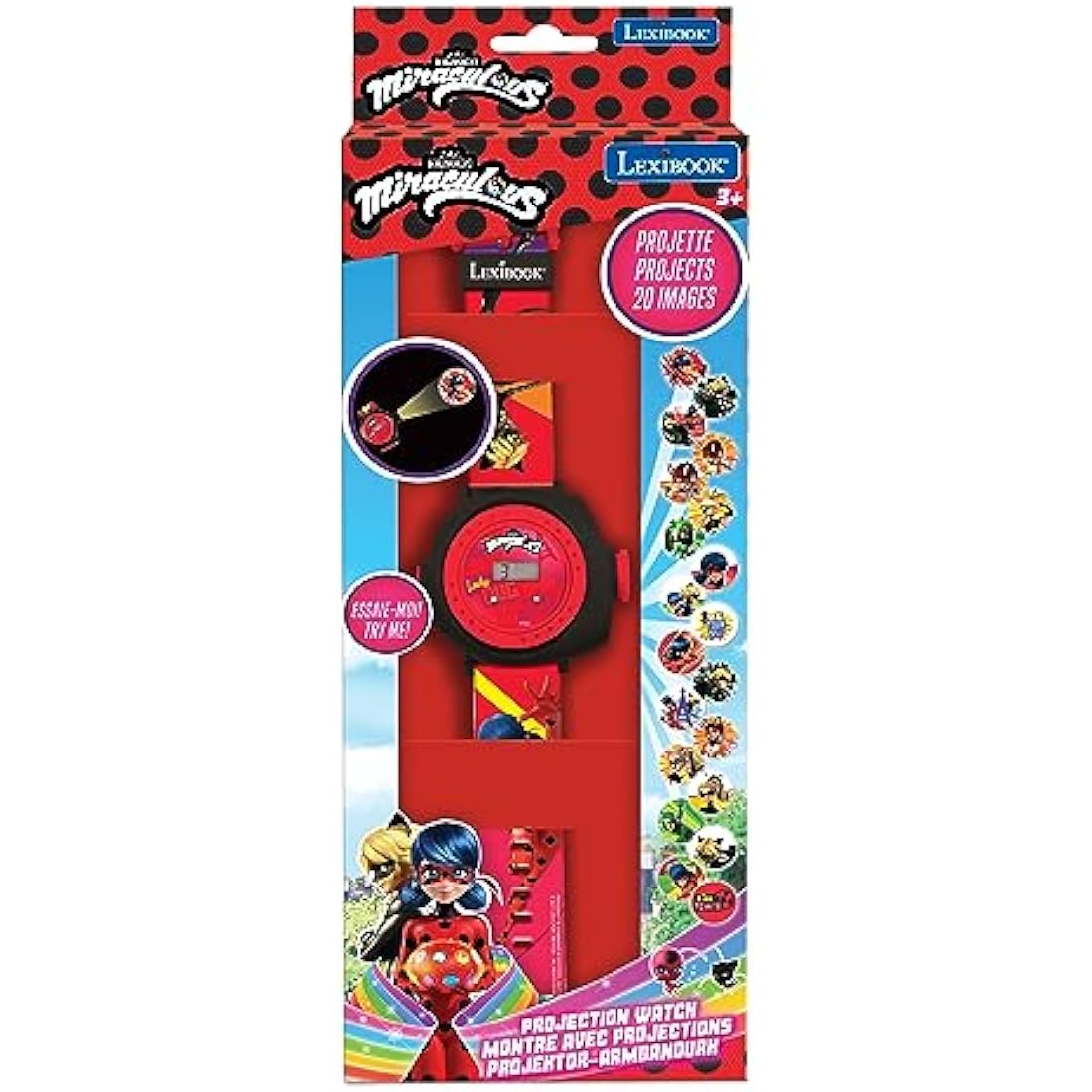 LEXIBOOK Miraculous Ladybug Cat Noir, Adjustable Projection Watch Digital Screen with 20 Images, Red/Black, DMW050MI