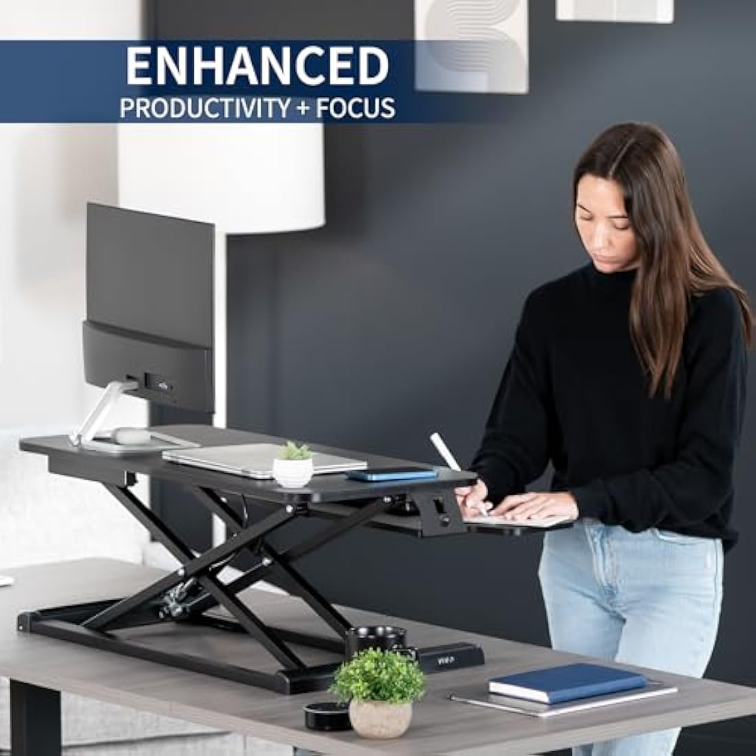 VIVO Standing 81 cm Desk Converter, Height Adjustable Riser, Sit to Stand Dual Monitor and Laptop Workstation with Wide Keyboard Tray, Black, DESK-V000K
