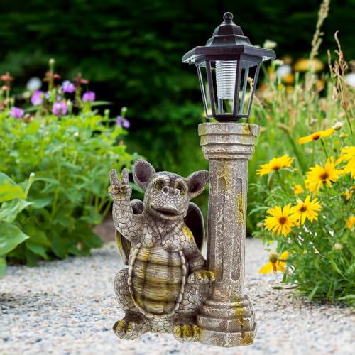 Udo Schmidt Dragon child peace sign with solar lantern Garden figurine Gargoyle sculpture