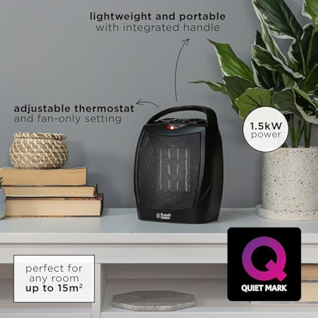 Russell Hobbs 1500W/1.5KW Electric Heater Black PTC Ceramic Space Heater, Portable Upright, 2 Heat Settings, Overheat Protection, Adjustable Thermostat, 15m2 Room Size, RHFH1006B, 2 Year Guarantee