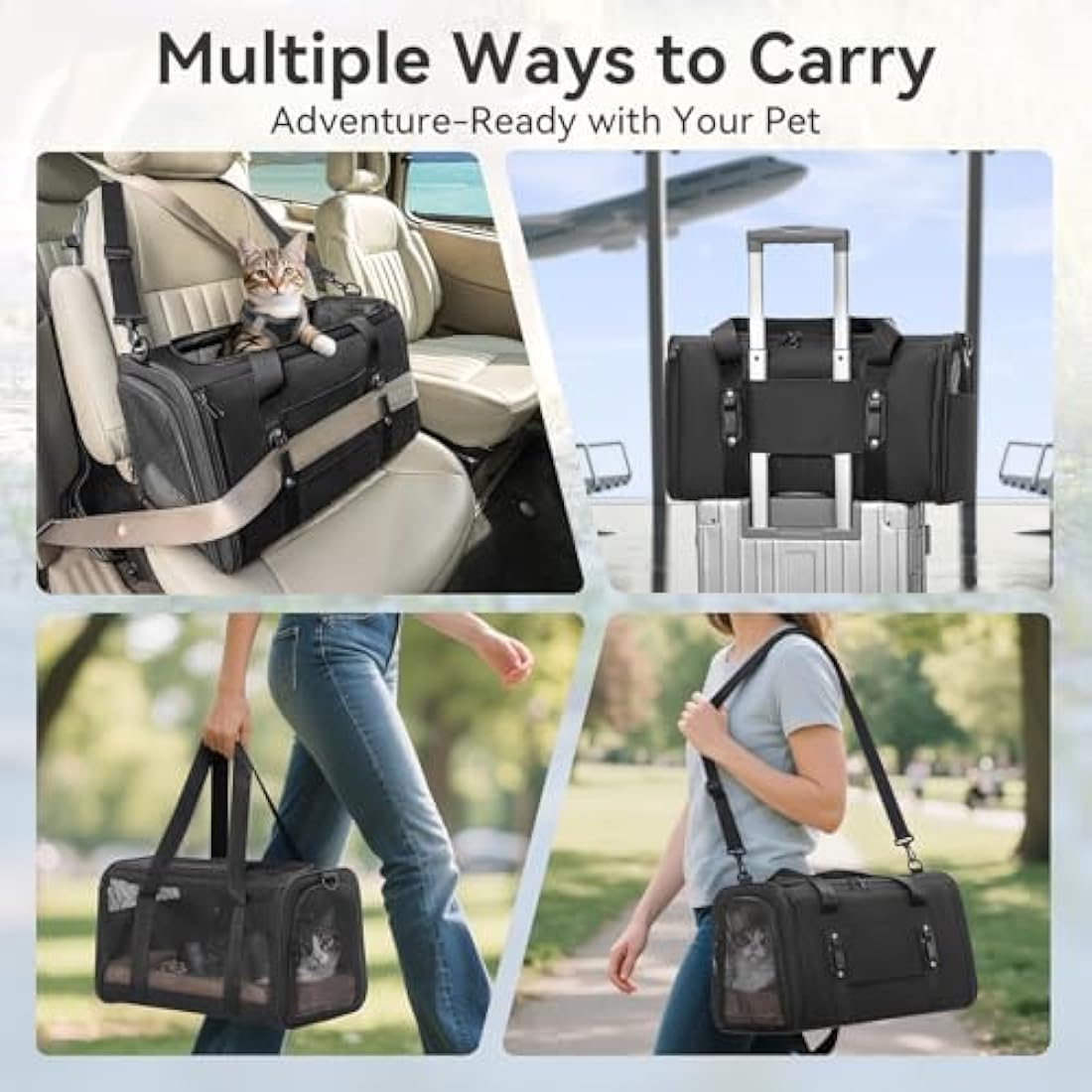 Petsfit Cat Carrier Car, Small Dog Carrier with Upgraded Patented Car Buckle Soft Sided Pet Carrier for Puppy, 4 Side Ventilated with Adjustable Shoulder Straps and Soft Cushion,Black