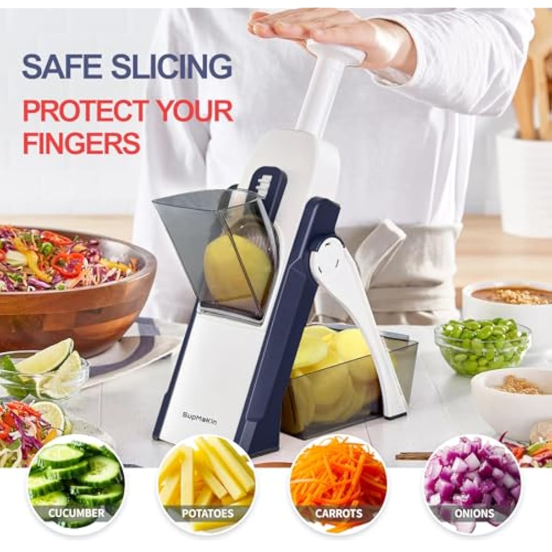 SUPMAKIN Safest Mandoline Vegetable Slicer, Potato Chip Cutter, Multifunctional Veg Chopper with 4 Cutting Modes to Slice, Dice, Chop, Julienne, Best Kitchen Gadgets Once for All Blue