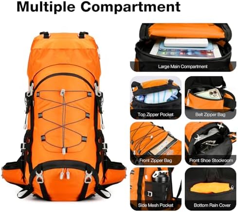 Outplea 60L Hiking Backpack Waterproof for Men Women, Large Camping Backpack with Rain Cover, Mesh Back Hiking Backpack for Travel Trekking Backpacking