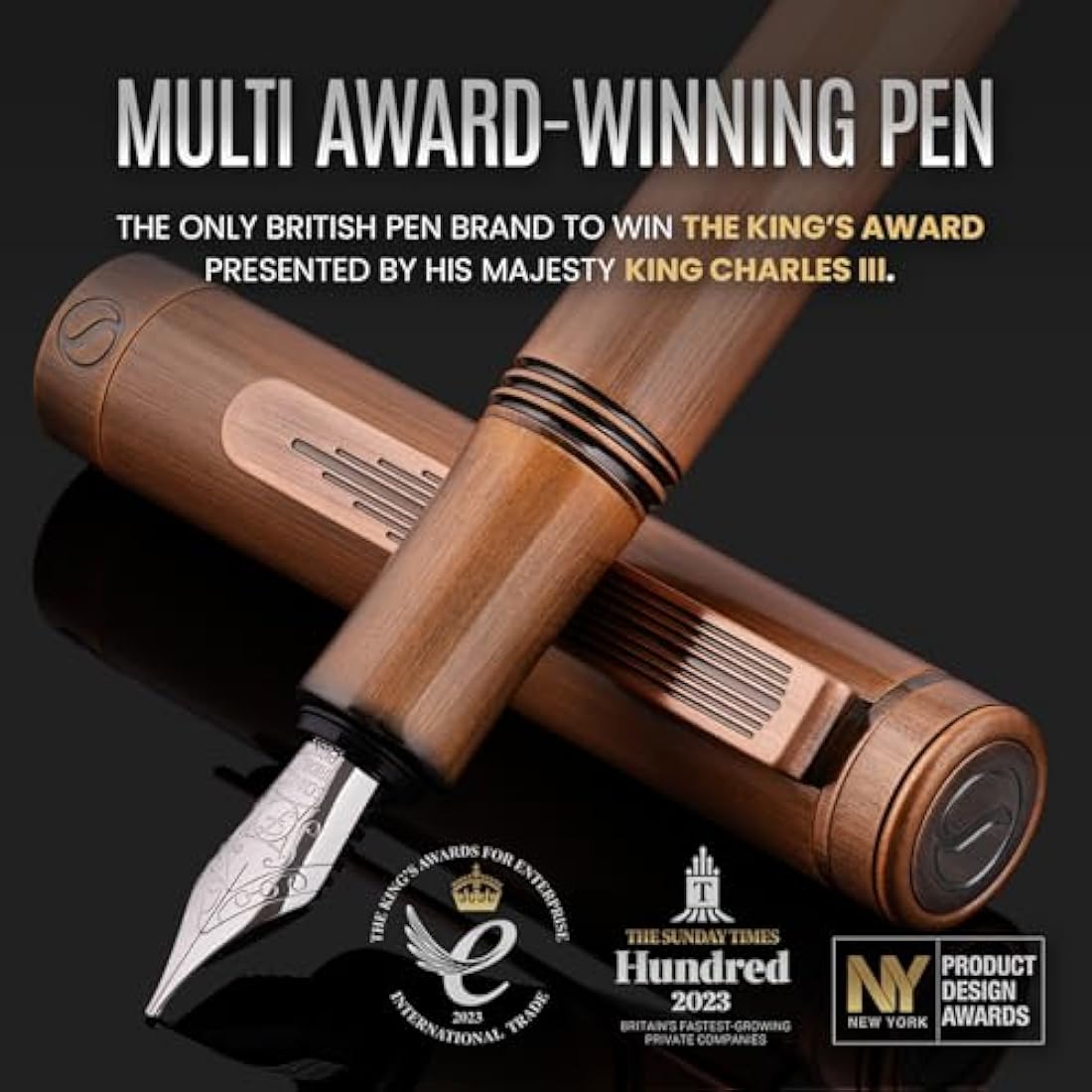 Scriveiner Luxury EDC Fountain Pen (Medium), Stunning Heavy Brass Pocket Pen, Hand Brushed Copper Finish, Schmidt German Nib Converter, Best Writing Pen Gift Set for Men Women, Nice Fancy Designer Pen