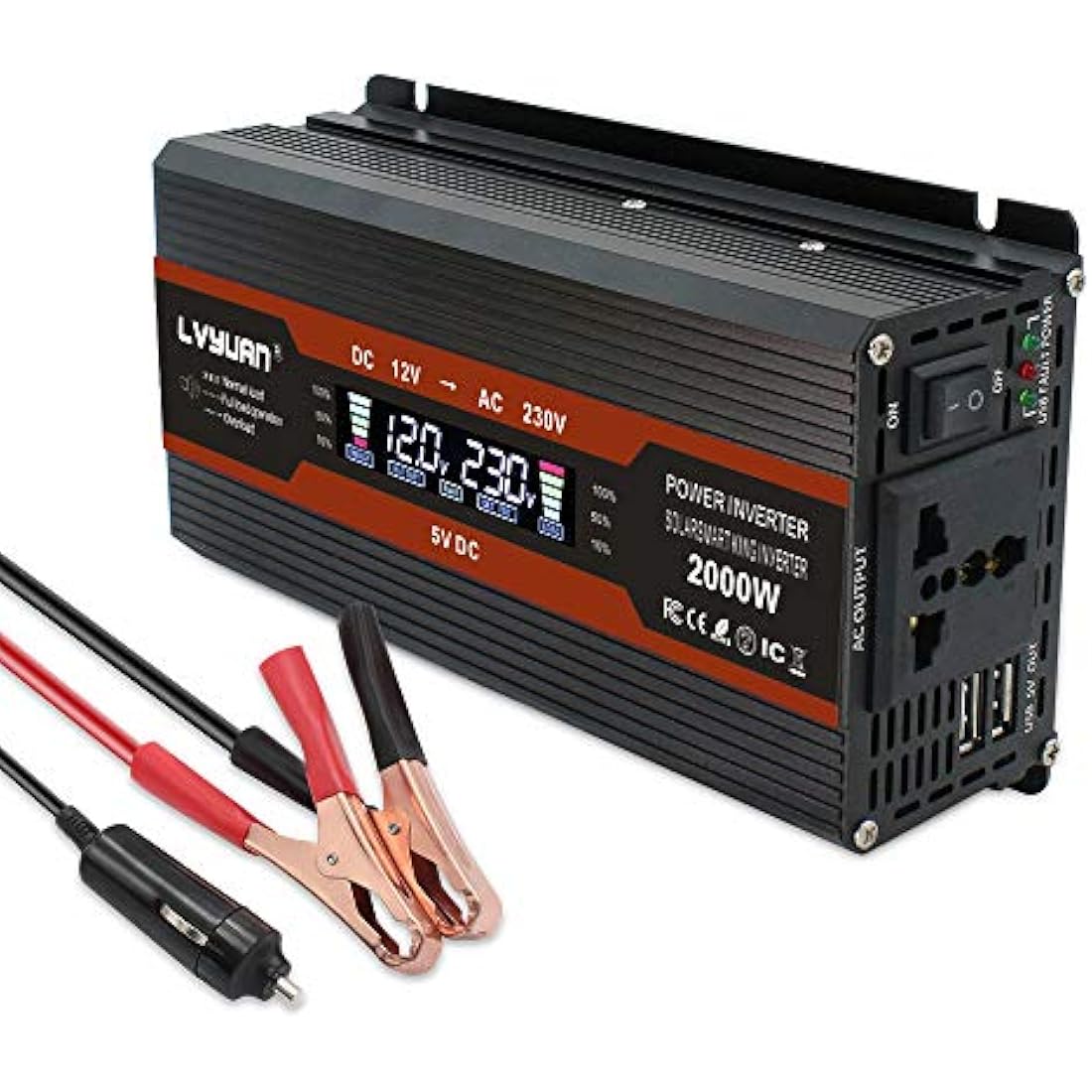 Cantonape 1000W Power Inverter DC 12V to 230V 240V AC Car Converter 12V Inverter with 12v Cigarette Lighter, 2 USB, universal Sockets Car Adapter and LCD Display, (peak 2000W<10ms)