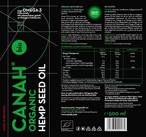 Canah® Organic Hemp Seed Oil 500 ml - Cold Pressed Unrefined, Vegan, Rich in Omega 3 Omega 6 Fatty acids & Vitamin E, Certified Kosher + Bonus Free Recipes