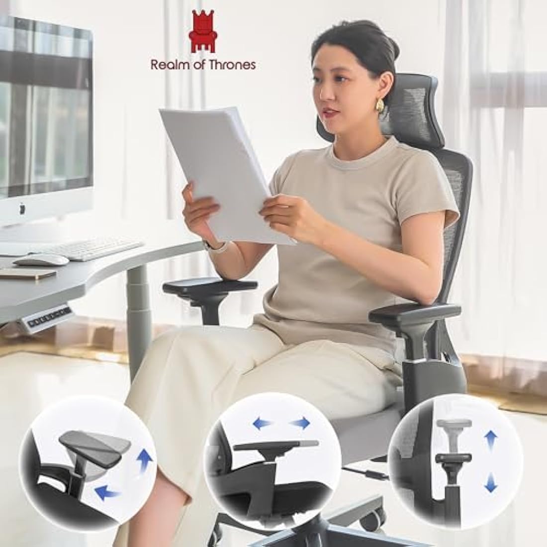 Realm of Thrones VALOUR Ergonomic Office Chair for Home, Gaming Desk Chair, 3D Headrest/High Back Mesh/Comfort Cushion Seat/3D Rotating Armrests/Adjustable Lumbar Support/Heavy Duty Steel Base (Black)