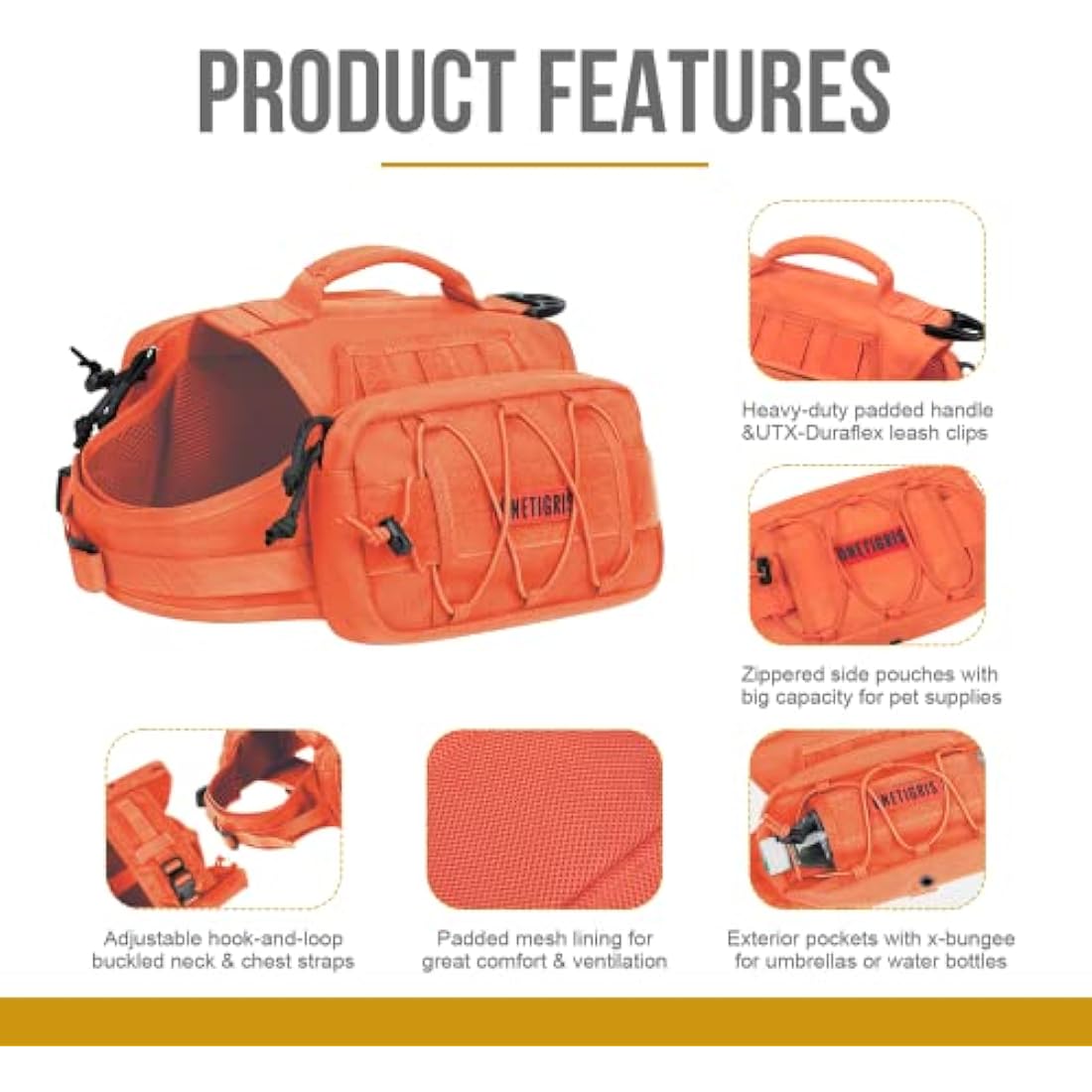 OneTigris Mammoth Dog Backpack 2.0 Version Tear Camping Hiking Dog Backpack for M/L Size Dogs (M, Orange)