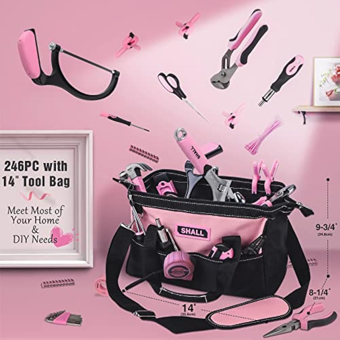 SHALL Pink Tool Set, 246-Piece Home Tool Kit for Women, Ladies Basic Tool kit for House with 14”Wide Mouth Open Tool Bag, General Household Hand Tool Set for Home Repair, Maintenance and Improvement