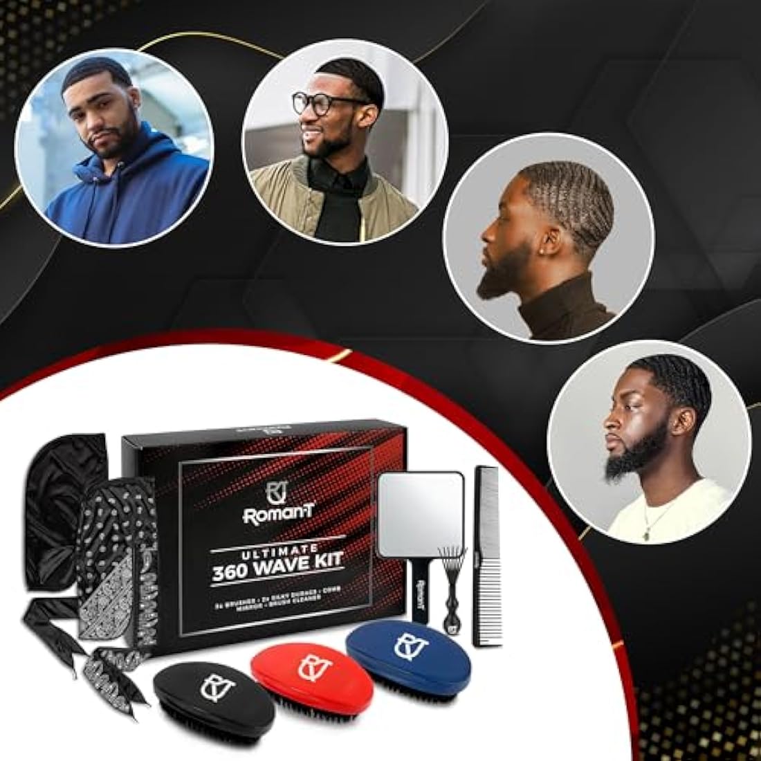 Roman-T 8-in-1 360 Wave Brush Kit - Grooming Kit for 360 Waves - 3 Wave Brushes, Soft, Medium & Hard - 2 Silky Satin Durag - Black & Black Paisley, Hand Mirror, Comb, Hair Brush Cleaner - Gift Set