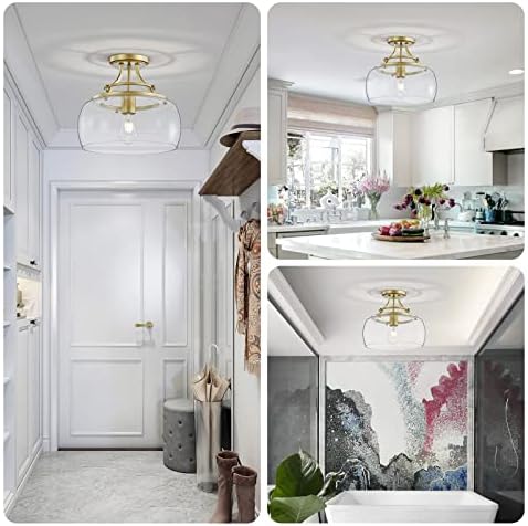 WUZUPS Chandelier Rustic Farmhouse Industrial Round Semi-flushmount Ceiling LED Light Fixture with Clear Glass Shades for Bathroom Kitchen Foyer Entryway, H 30 x W 34, E27 Base, Gold