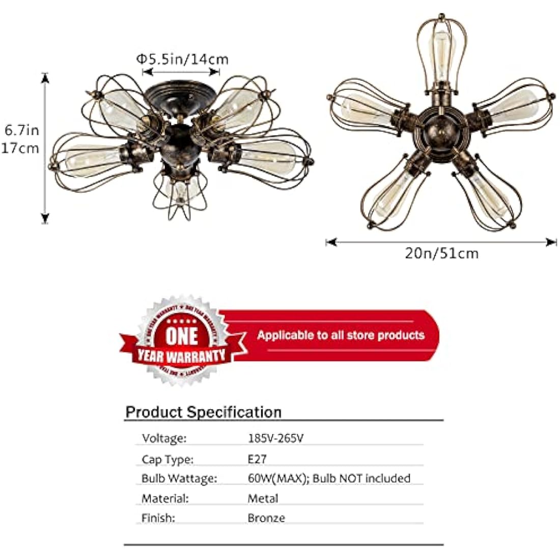 LULING Vintage Ceiling Light Industrial, Chandeliers E27 Socket Metal Wire Cage Lamp Semi-Flush Mount Rustic Ceiling Light Metal Lamp Fixtures (No Bulb) (with 5 Light) (Bronze)