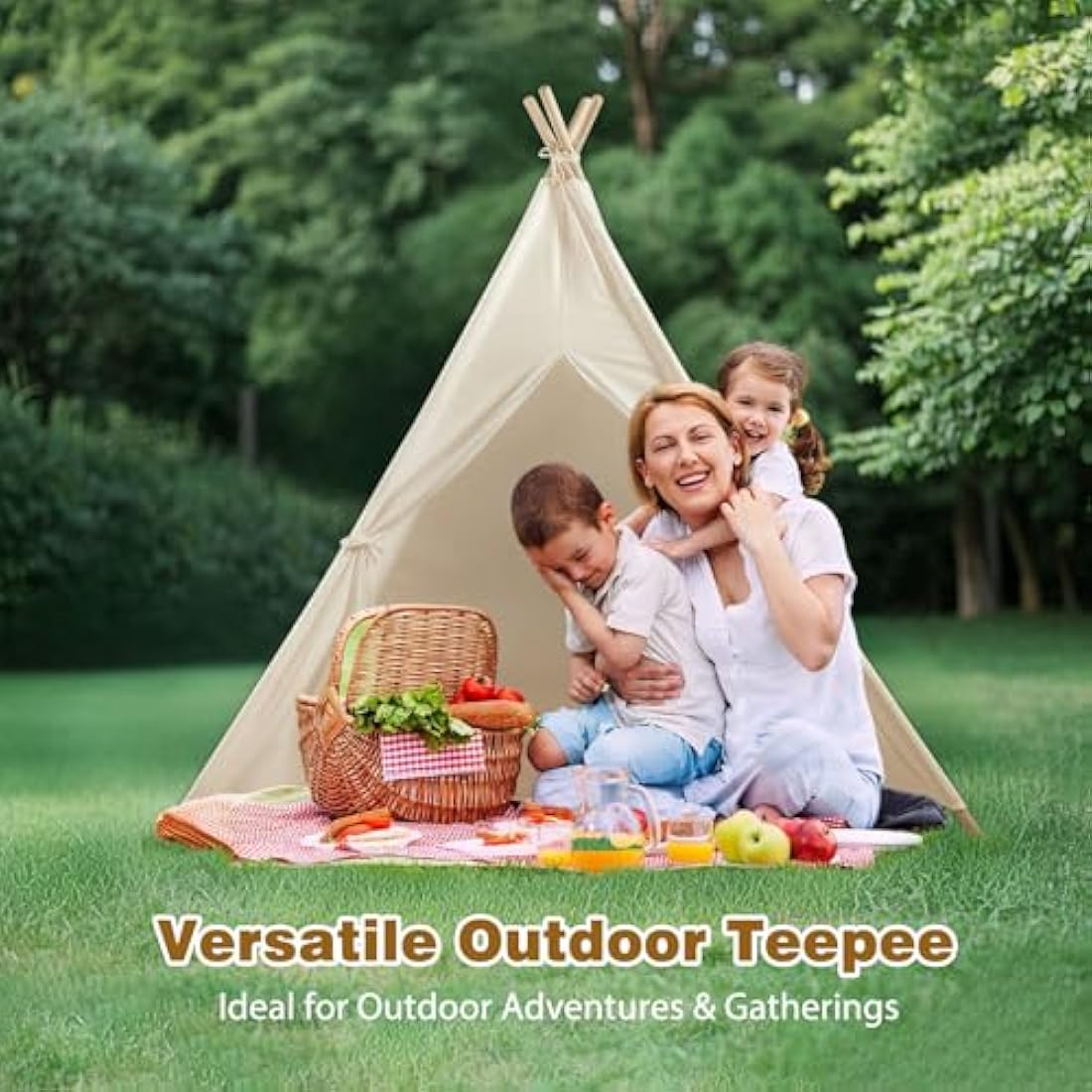 Wilwolfer Teepee Tent for Kids Foldable Children Play Tent for Girl and Boy with Carry Case 4 Poles White Canvas Playhouse Toy for Indoor and Outdoor Games