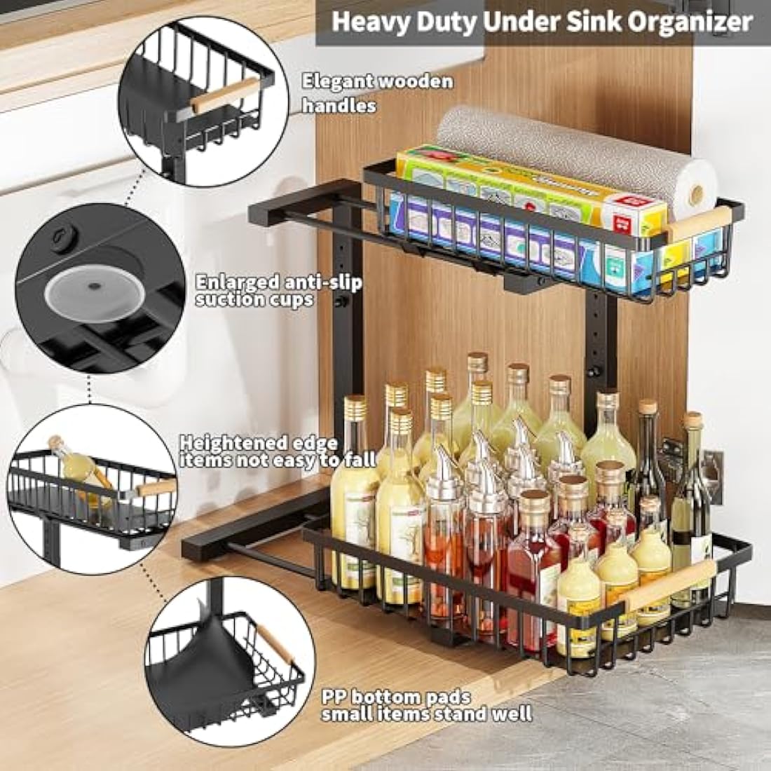 ROLIZOE 2 Tier Sliding Under Sink Storage Kitchen Organiser 42.5cm Height Adjustable Under Sink Shelf with 2 Slide Out Baskets Metal Cupboard Organiser Under Sink Cabinet Basket Organiser for Bathroom