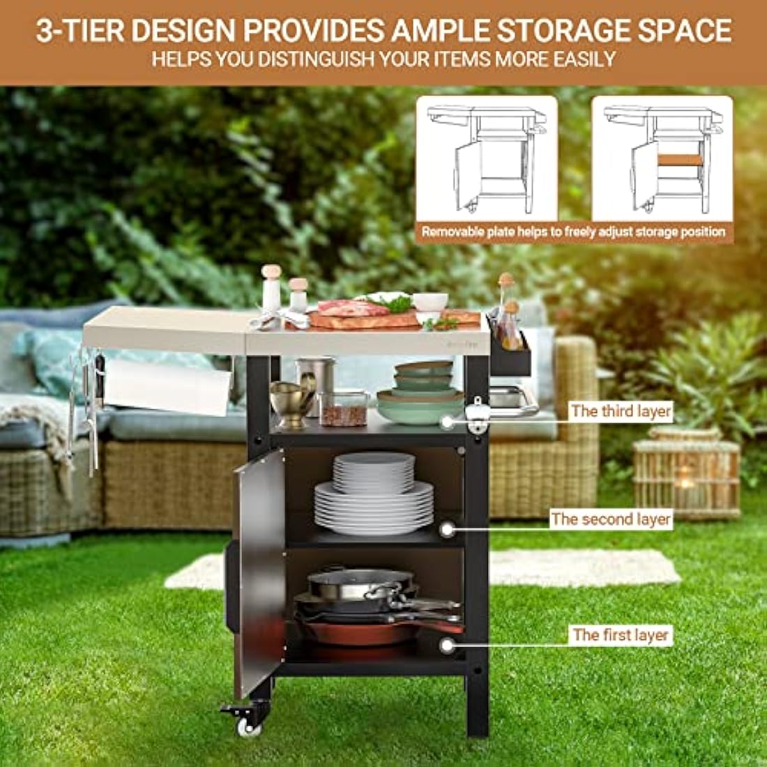 Onlyfire BBQ Storage Cart Table,Garden Serving Trolley Table With Seasoning box and Closed Storage Space,for Outdoor Grilling and Cooking